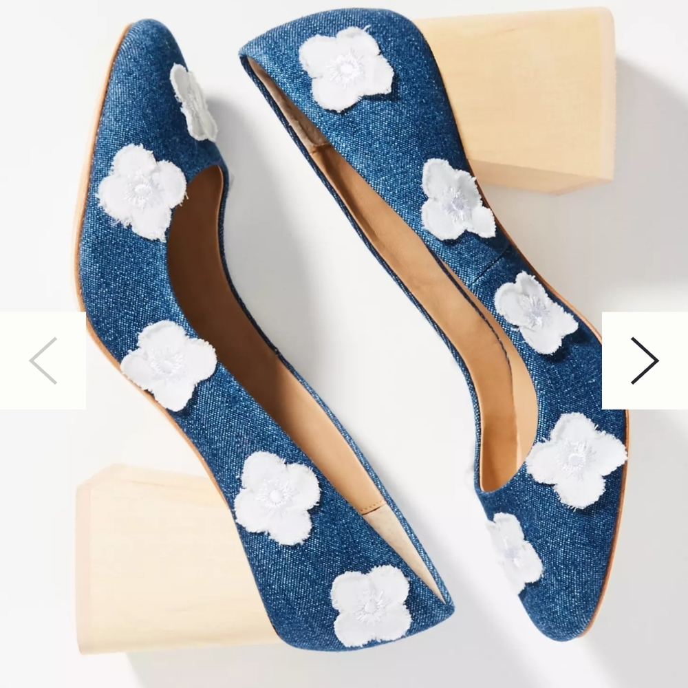 NWT NIB New In Box Rare Anthropologie Coming Up Roses Denim Wood Heels